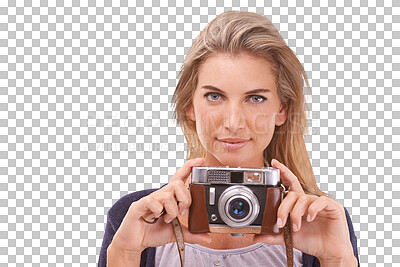 Photography, portrait and woman with a vintage camera on an isolated, transparent png background for classic, retro and creative photoshoot. Female photographer from Australia aim or focus for photo