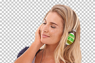 Music, headphones and woman listening to meditation, podcast or playlist song to relax. Hearing, wellness and model streaming radio sound for stress relief on an isolated, transparent png background