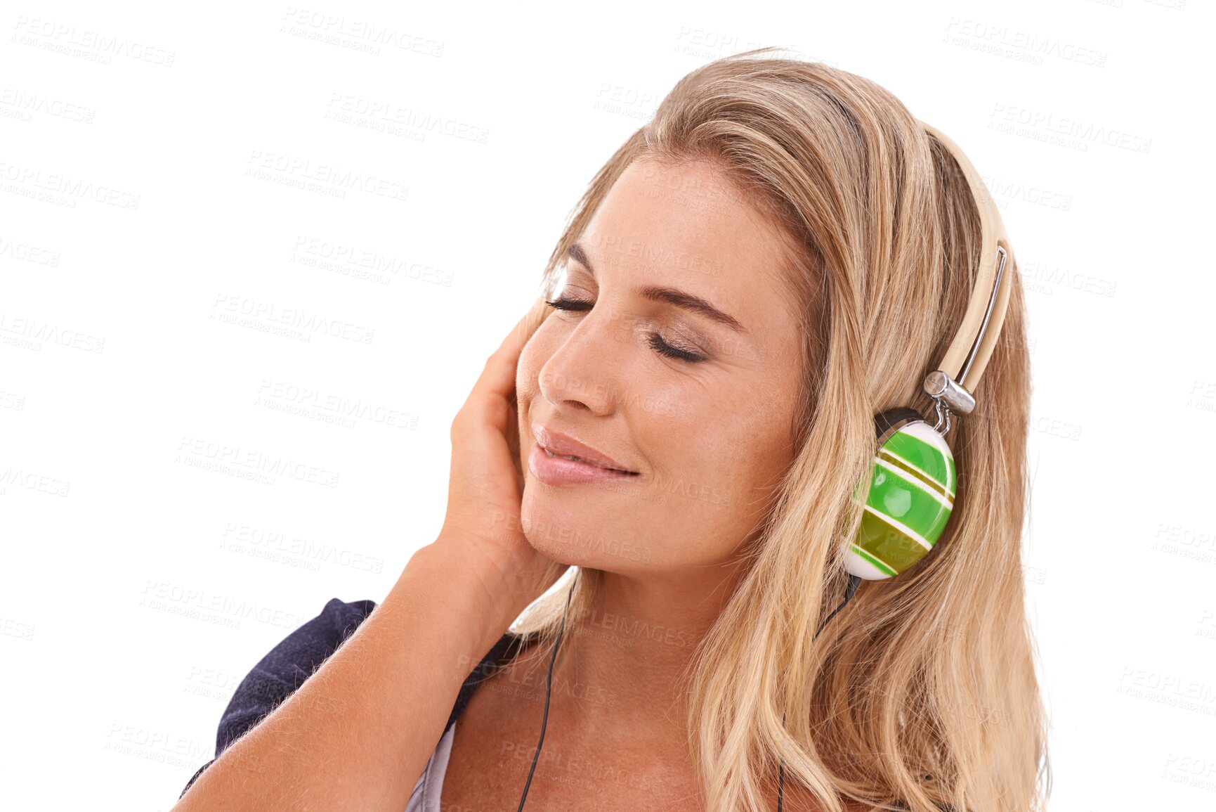 Buy stock photo Music, headphones and relax with woman on transparent background for streaming service, podcast and radio. Sound, audio and technology with female person on png for subscription, online and smile