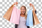 Fashion, wow or woman with shopping bag, clothes or luxury products on an isolated, transparent png background. Excited, retail or happy girl customer with designer brands on sale, discount or offer