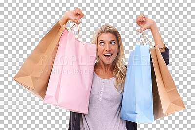 Buy stock photo Shopping bag, discount and excited with offer in isolated transparent png background for fashion. Sale, happy and woman with retail bags or clothes for luxury with purchase of brand with customer.