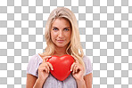 Heart, love and portrait of woman with red object, romantic product or emoji icon for Valentines Day holiday. Beauty face, care and happy model girl on an isolated and transparent png background