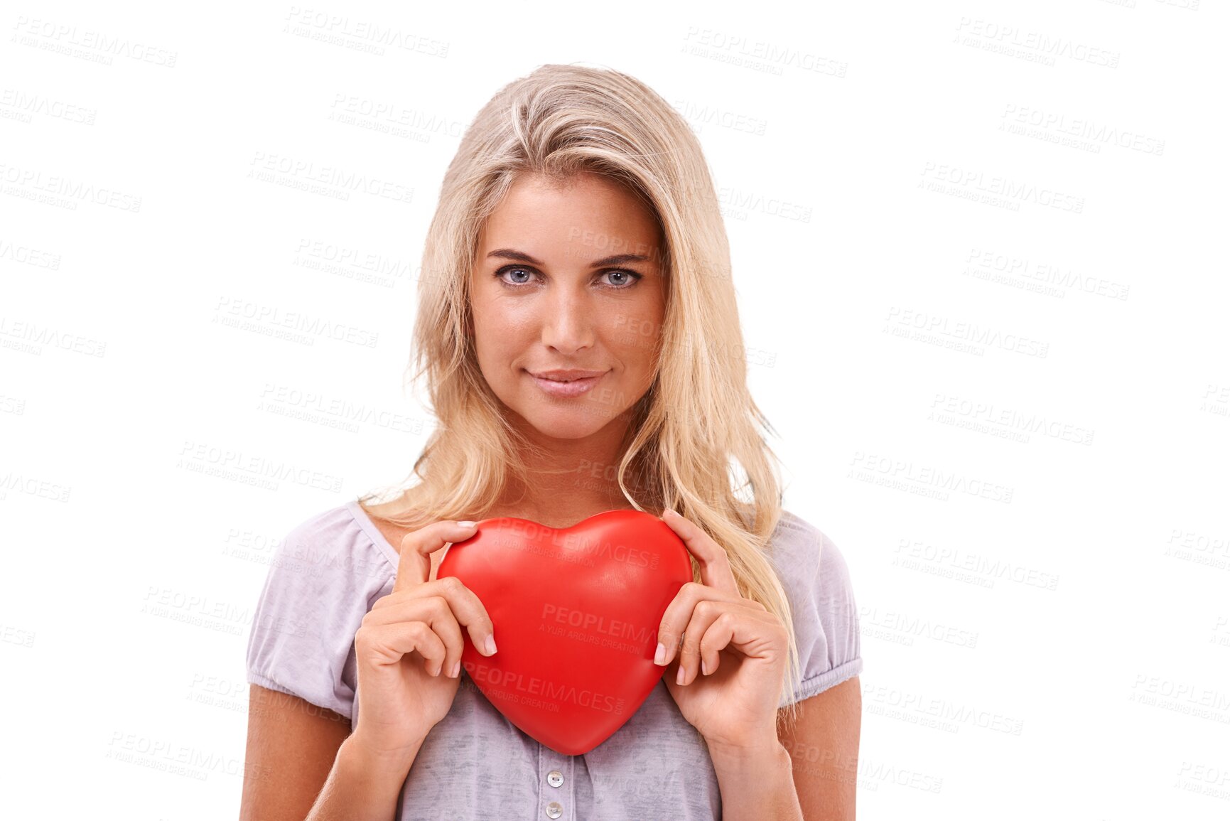 Buy stock photo Portrait, kindness and woman with heart balloon isolated on a transparent png background for valentines day. Love, face and female person with inflatable for romance, care emoji and commitment sign.