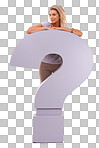 FAQ, portrait and woman with big question mark for business website or social media information on an isolated, transparent png background. Questions, answers and happy model with about us sign