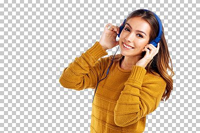 Buy stock photo Music, dance and portrait of woman on transparent background for streaming, digital radio and audio. Happy, online and dancing with female person and headphones on png for party, dj and energy