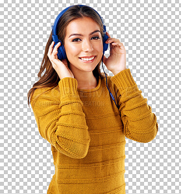 Headphones, music and portrait of happy woman enjoying online content to relax while isolated on a png background. Transparent, happiness and woman with audio podcast or sound for rest and break