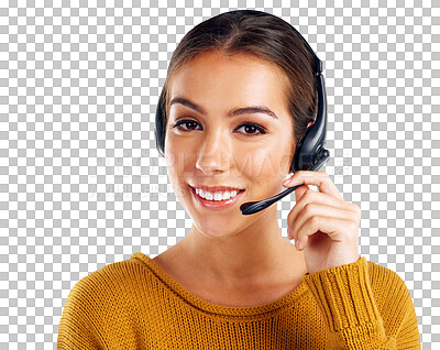 Call center, customer service and portrait of a happy woman isolated on a transparent, png background. Crm, telemarketing and smiling female with a headset at help desk for support and advice