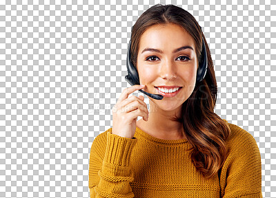 Call center, portrait and happy woman in customer service for telemarketing while isolated on a transparent, png background. Customer support, help desk and smiling female operator face