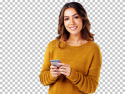 Portrait, text and smiling woman communicating with online contact for good news while isolated on a transparent, png background. Meme, scrolling and female search the internet on a smartphone