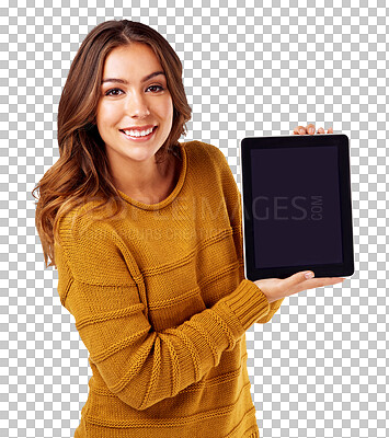 Smile, portrait and woman with blank tablet for internet research and online news while isolated on a transparent png background. Happy female, digital device screen for marketing