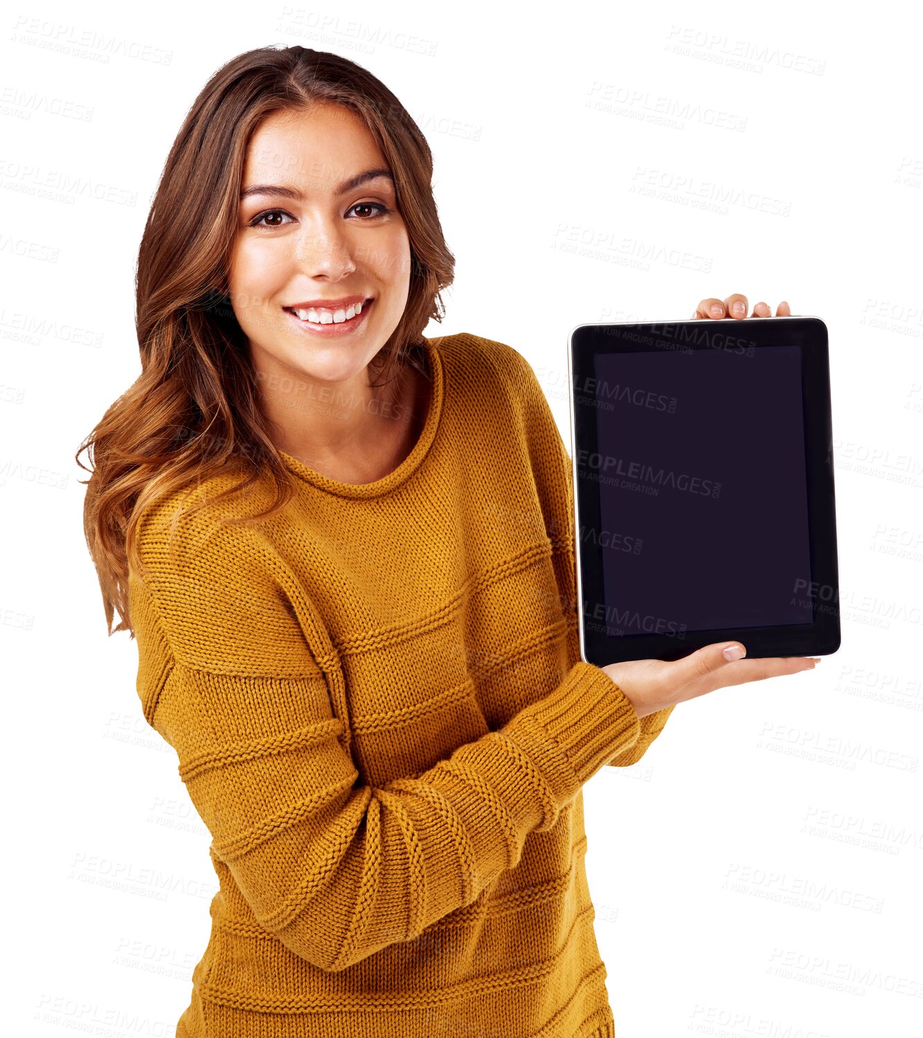 Buy stock photo Tablet, screen and woman advertising website UI, UX or software isolated in a transparent or png background. Web design, internet and portrait of young person or girl showing IT technology with smile