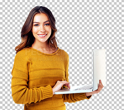Portrait, laptop and happy woman browsing the internet for a creative work report while isolated on a png background. Smile, computer and a professional female typing for a digital online search