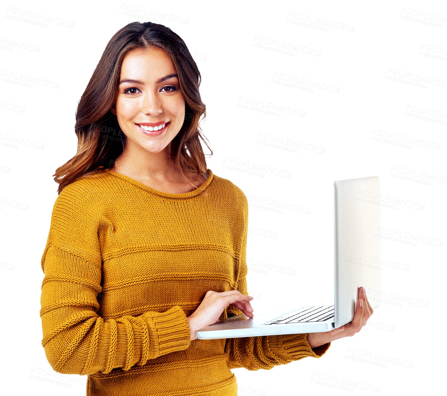 Buy stock photo Laptop, student and portrait of woman typing on website, web or email isolated in a transparent or png background. Search, internet and young person or girl advertising IT technology with smile