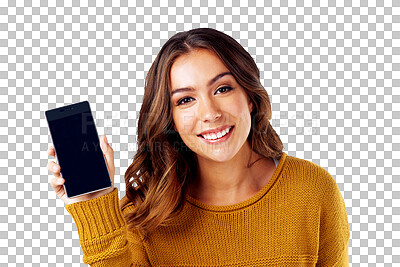 Buy stock photo Portrait of woman, phone screen and communication mockup with tech marketing isolated on transparent png background. Social media, female person smile with smartphone and mobile app branding with UX