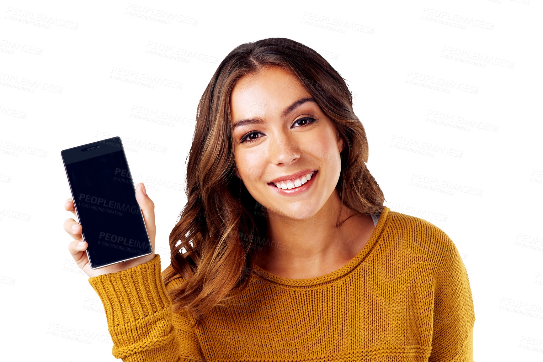 Buy stock photo Portrait of woman, phone screen and communication mockup with tech marketing isolated on transparent png background. Social media, female person smile with smartphone and mobile app branding with UX