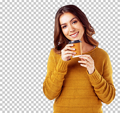 Portrait, smile and happy woman drinking coffee to relax while isolated on a png background. Cup, tea and caffeinated drink with a smiling female resting on a break for health and wellness