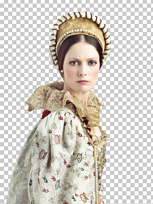Renaissance, royalty and portrait of Victorian queen for luxury, history and vintage in England. Medieval, fantasy and beauty with face of woman in regal dress costume for leader, fashion and elegant isolated on a png background