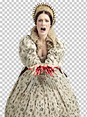 Queen woman, blood hands and studio with screaming, emergency and crime with ancient royal fashion. Medieval leader, crying and evil with shock, surprise and danger in renaissance clothes for murder isolated on a png background