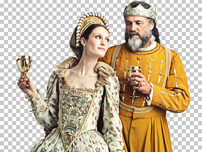 Love, victorian and couple with king and queen for renaissance, royalty and vintage in England. Vintage, luxury and fantasy with man and woman drinking from goblet for elegant, medieval and monarch isolated on a png background