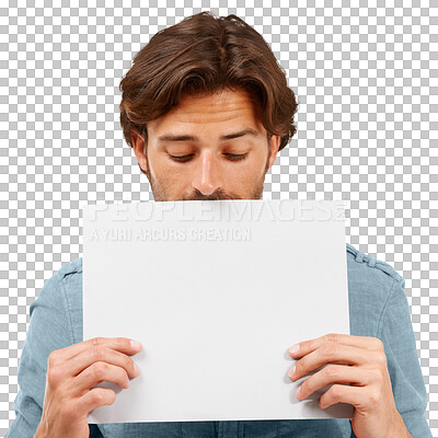 A man holding a blank poster with his hands for marketing, advertising, or a message on copy space. A handsome man with white empty paper standing for branding or logo for advertisement isolated on a png background.