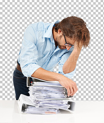 A businessman with a stack of paperwork for review, project report, thinking, stressed and tired employee with a pile of files, papers and documents burnout, headache gesture isolated on a png background.