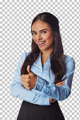 Business woman, smile and thumbs up for winning, deal or discount against isolated on a png background. Portrait of a isolated happy female employee model standing with thumbsup for good job, done or sale