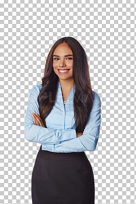 Isolated, business and portrait of woman with mockup in isolated on a png background studio for management, leader and fashion. Happy, smile and confident with Brazilian girl and arms crossed for career mindset