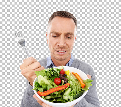 A Man with salad, frown on face and vegetables, problem with healthy lifestyle and diet. Health, wellness and male with doubt about food choice, nutrition in isolated on a png background