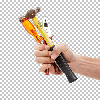 Handyman, industry and hand with tools for repairs, maintenance or building. Industry, repairman and male industrial worker with hammer, screwdriver and pliers isolated on a png background