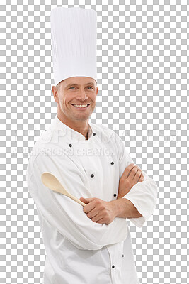 Portrait of French chef, spoon and smile with confidence, cafe owner. Happy executive cook, cooking for restaurant discount deal and menu special or promotion in isolated on a png background