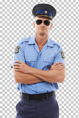 A Portrait, police and officer with a man in uniform, standing arms crossed. Law, security and trust with a male policeman in sunglasses on blank space isolated on a png background