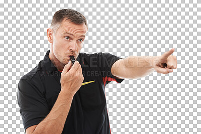 A Sport, man and referee blowing whistle, pointing or gesture in studio warning, sign or message. Sports, coach and hand for rules, compliance and caution while training isolated on a png background