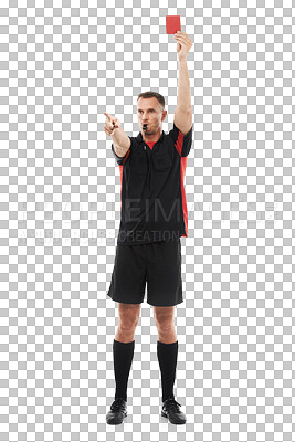 Referee man, whistle and red card hand warning while pointing for soccer rules, penalty or fail. Football man or coach sign for mistake or caution for competition game