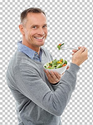 Portrait, salad and mock up with a man in studio isolated on a png background for health, diet or nutrition. Food, green and vegetables with a handsome mature male eating a meal on blank space