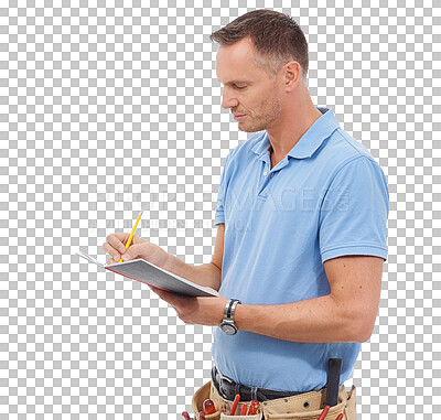 Handyman, contractor or man writing isolated on a png background with notebook, invoice and carpenter tools. Professional construction worker, model or person notes for career services in a studio