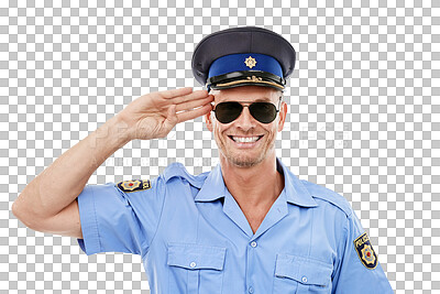 Security, salute and face of police smile for authority, public safety and service. Community justice, law enforcement and isolated portrait of policeman, traffic cop and guard isolated on a png background