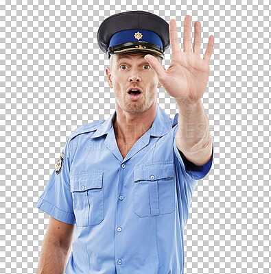 Police, stop and officer or law enforcement with legal authority. Man, cop and person with uniform for public service for safety and protection isolated on a png background