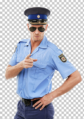Security, officer and portrait of police point for authority, public safety and crime. Justice, law enforcement and isolated policeman, traffic cop and guard with hand gesture isolated on a png background