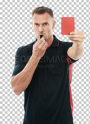 Referee man, red card and whistle portrait with hand warning for soccer rules, penalty or fail in studio. Fitness coach sign for mistake or caution for competition game isolated on a png background