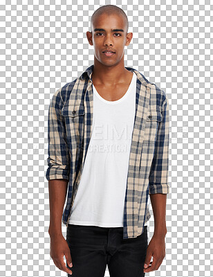 Portrait, bald and fashion with a black man to model contemporary clothes. Profile picture, studio background and shirt with a young male looking casual isolated on a png background