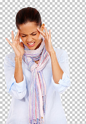 Woman, headache and stress or pain while frustrated with anxiety, depression and burnout or mental health. Face of a female feeling fatigue, sick or brain fog problem isolated on a png background