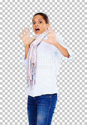 Surprise, scared and portrait of a woman with a shocked face in a isolated on a png background. Hand palms, shock and stop hands gesture of a women with big eyes and gasp alone in a studio in defense