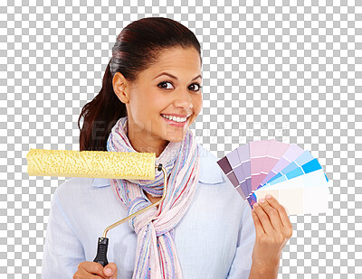 Woman, smile and paint brush with swatches for color choice or decision. Portrait of isolated female holding roller with pastel colors for painting on isolated on a png background