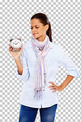 Time, late and portrait of worried woman with clock, appointment schedule isolated on a png background. Timeline, countdown and woman with alarm clock, time management stress from India in studio.