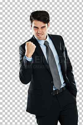 Fist pump celebration, portrait and businessman celebrate corporate victory, winning achievement or profit success. Winner pride, bonus salary and cocky studio lawyer or salesman isolated on a png background