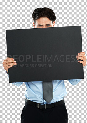 Placard mockup, portrait and serious businessman with marketing promo poster, advertising banner or product placement. Mock up billboard sign, hide or studio sales model isolated on a png background