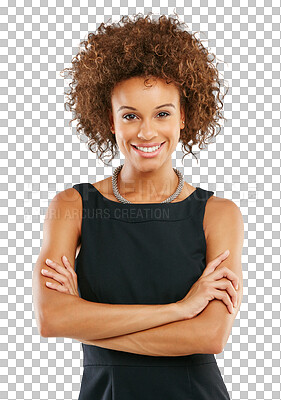 Happy, proud and corporate black woman portrait with smile in elegant, professional and business fashion. Happiness, confidence and career girl smiling at isolated studio isolated on a png background.