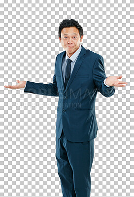 Businessman from Japan, confused and hands out isolated with questions and asking isolated on a png background. Confusion, doubt and person with suit, problem and frustrated hand gesture in studio portrait.