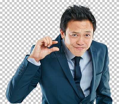 Portrait, hand or small with a business asian man in studio isolated on a png background to measure size. Face, gesture or little and a male employee giving a review or feedback with a finger scale