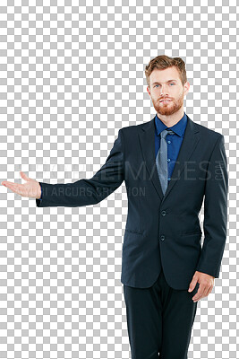 Advertising, mockup and portrait of business man isolated on a png background for branding, logo and marketing. Product placement, copy space and isolated male with hand gesture for announcement or message